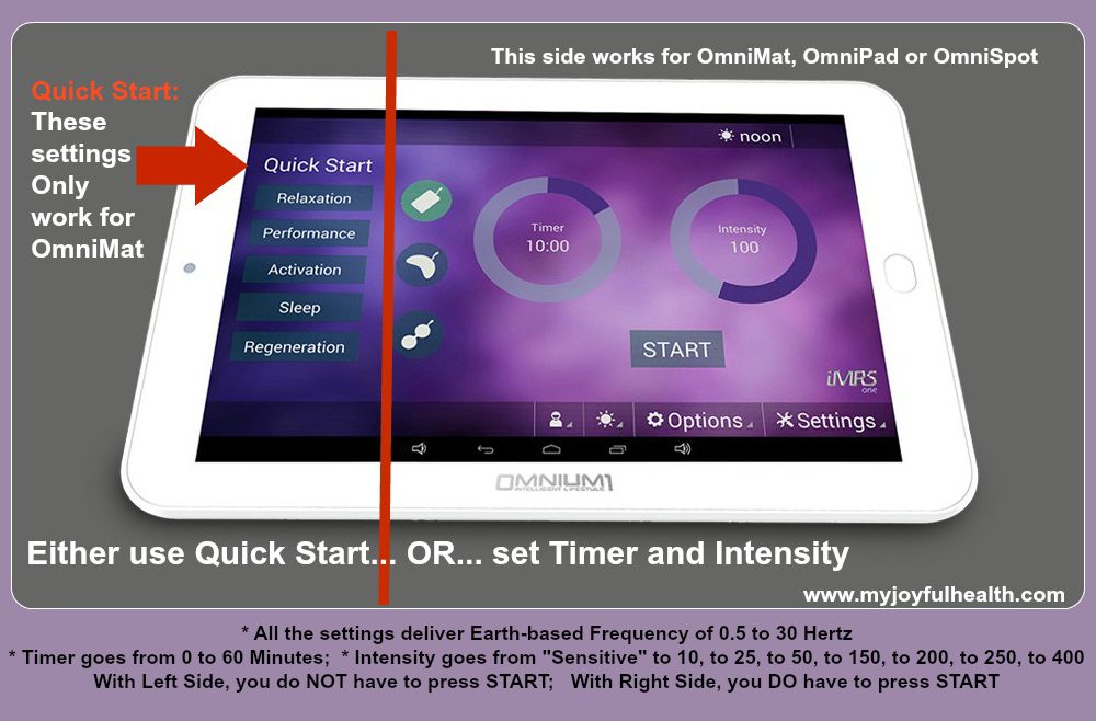 PEMF Settings Omnium1 Android Tablet Time and Intensity